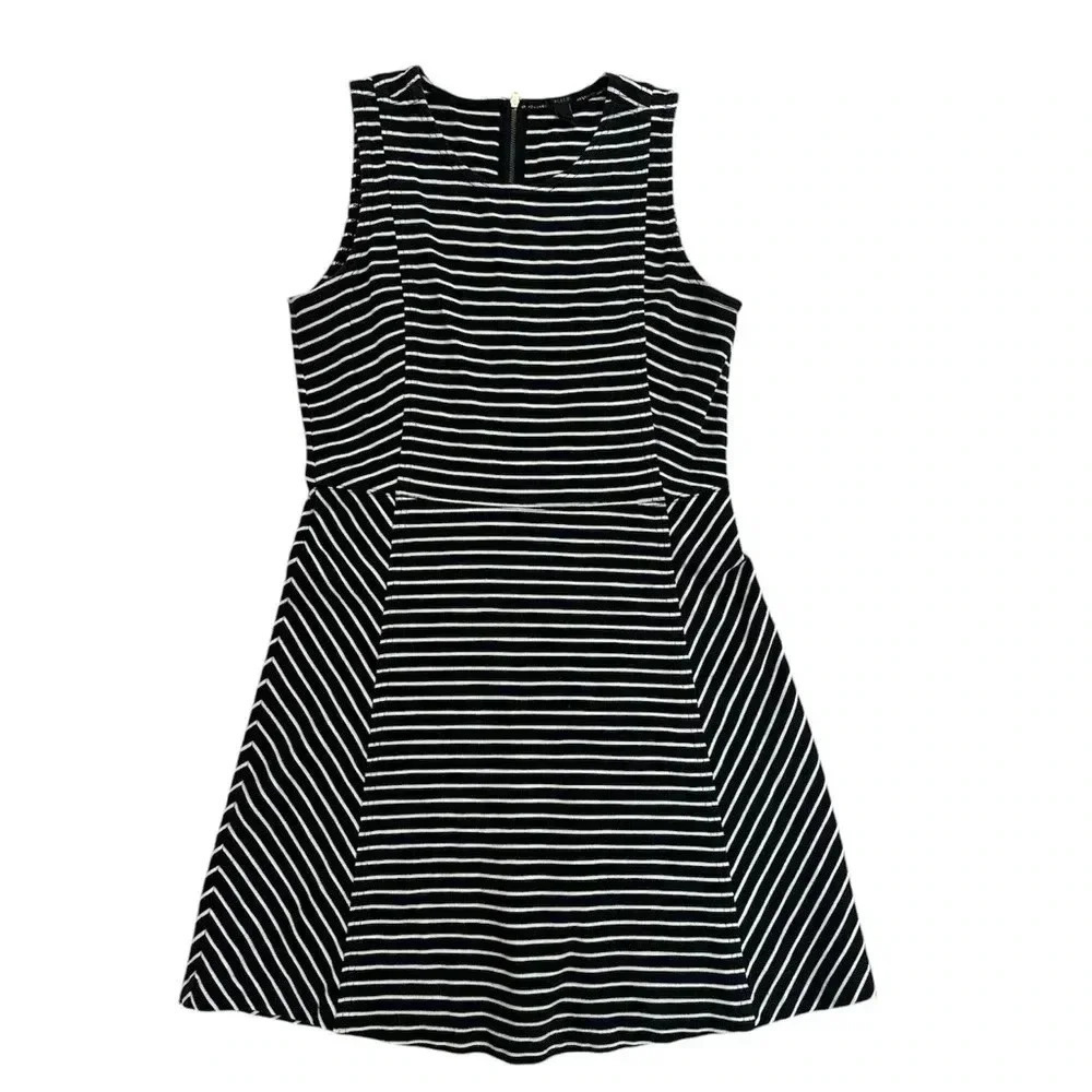 J. Crew Womens Fit Flare Dress Striped Back Zip Cotton Black White Size 8 EUC